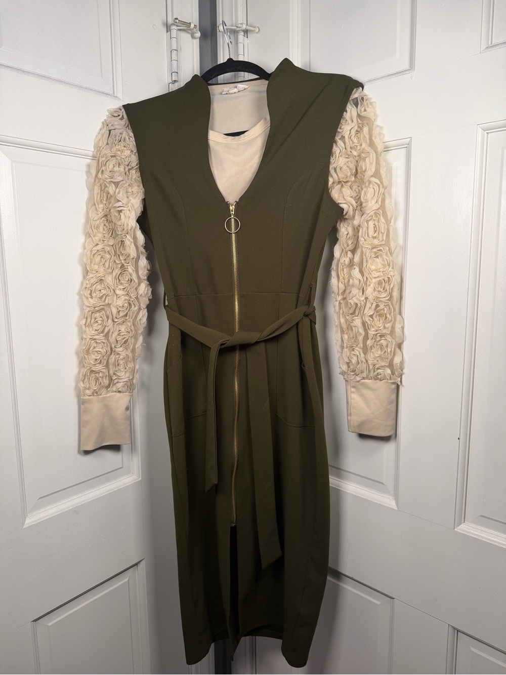 Almost Famous Olive Green Zip-Front Midi Dress with Cream Rosette Body Suit